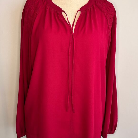 NWT LOFT Smocked Shoulder Tie Neck Women's Blouse 12/L Toasted Pink - Picture 5 of 7